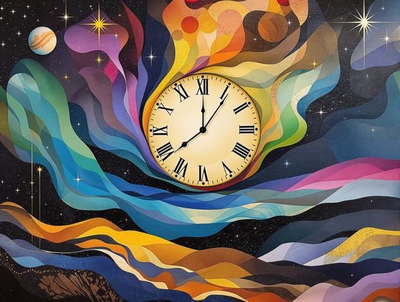 A surreal AI mixed media artwork depicting a dreamlike landscape with a clock face melting into a starry sky, incorporating painterly textures and sharp graphic lines, generated by a collage creator tool.