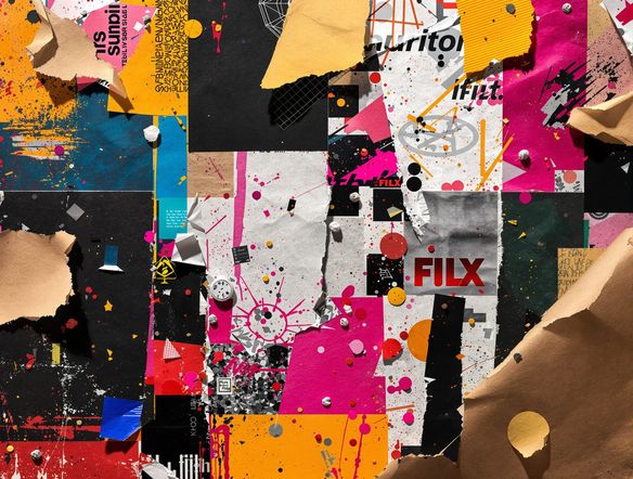A vibrant digital collage featuring a blend of torn paper, paint splatters, and photographic elements, with a subtle AI-generated pattern woven throughout.