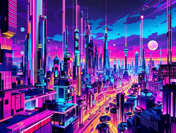 A vibrant, sprawling digital mural depicting a futuristic cityscape with abstract geometric patterns and neon accents, rendered in a dynamic street art style.