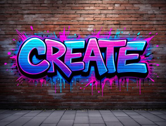 A vibrant graffiti tag in a bold street art style AI, splashed across a brick wall. The word 'CREATE' is rendered in electric blue and neon pink. High detail, urban art.