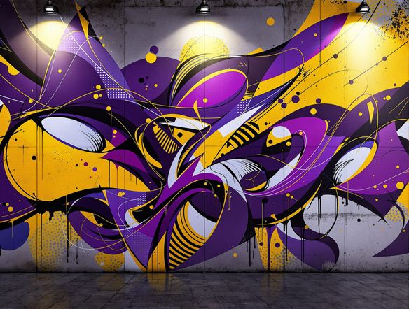 An intricate urban mural design featuring abstract geometric shapes and flowing lines, rendered in a striking AI art graffiti style. Dominant colors are deep purple and bright yellow, set against a concrete texture. Digital art.