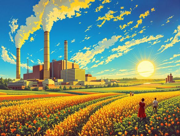 A rigorously optimistic Soviet picture of a gleaming factory complex with smoke plumes against a bright blue sky, farmers harvesting bountiful crops, and a family looking towards the horizon, in the style of Stalinist art.