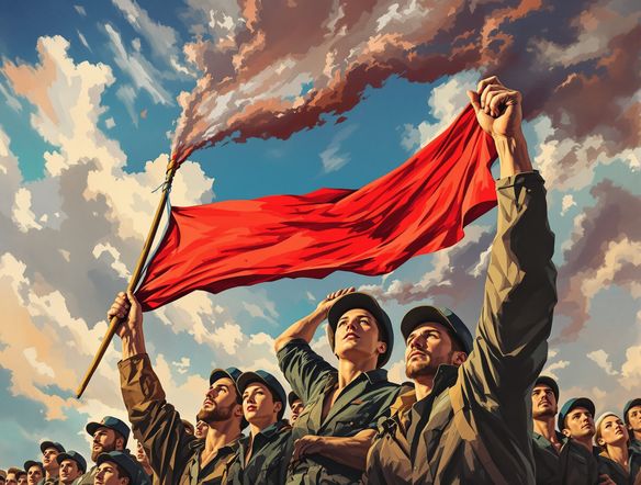 A socialist realism painting depicting strong, determined workers raising a red banner, vibrant colors, heroic composition, propaganda poster style, Soviet Union era.
