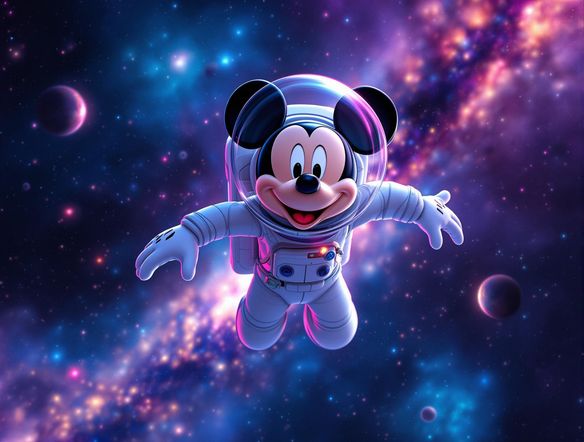 A Disney Plus poster featuring Mickey Mouse as a futuristic astronaut, cinematic lighting, highly detailed.
