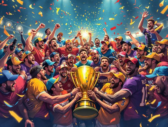 A dynamic Disney Plus-style poster featuring a sports team celebrating a championship win. The poster should incorporate the team's colors and logo, with a title like '[Team Name] Champions' in a classic Disney font. Capture the excitement and triumph of the moment.