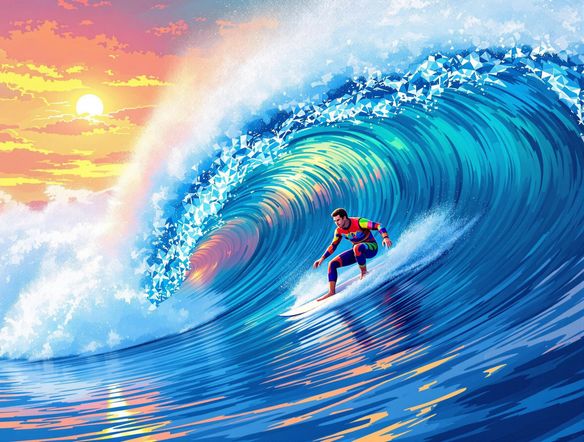 Vibrant ocean wave morphing into digital pixel art, stylized as a funny meme, under a bright sunset sky.