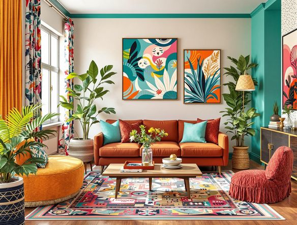 A vibrant and eclectic moodboard showcasing a modern interior design concept. Feature a blend of textures, colors, and inspirational images, creating a cohesive visual narrative. moodboard generator ai, mood generator
