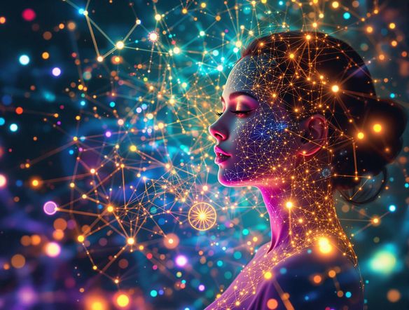 Abstract diagram of interconnected nodes, glowing with vibrant colors, representing AI-generated creativity and seamless connectivity.