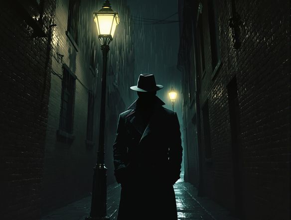 A lone detective standing under a flickering streetlamp, his face obscured by deep, dramatic shadows. Film noir style AI, high contrast, gritty urban setting.