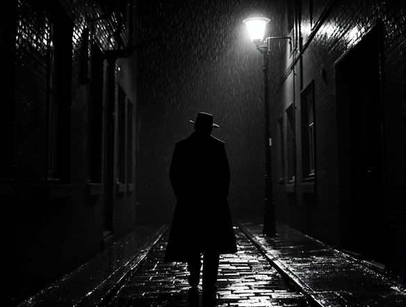 A shadowy figure stands in a rain-slicked alley, illuminated by a single, harsh streetlight, evoking classic film noir aesthetics with deep shadows and stark highlights.