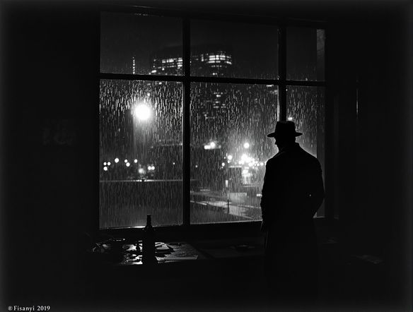 A dimly lit office with a silhouette of a private investigator by the window, rain streaking down the glass. Black and white cinematic art, 1940s detective aesthetic, smoky atmosphere.