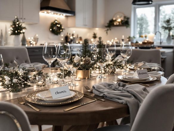 A beautifully set dining table with custom place cards designed using AI-generated Christmas fonts. A modern kitchen with a sophisticated color scheme is visible in the background. Focus on the place settings and the overall festive, yet elegant, ambiance.