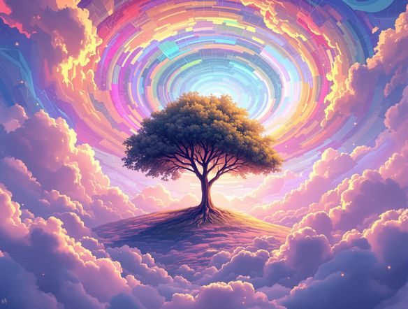 A surreal landscape blending realistic photography with abstract digital art elements, showcasing a dreamlike transformation.