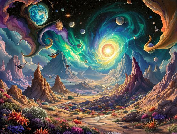 A surreal landscape generated from a simple photograph, featuring fantastical elements and dreamlike atmosphere, showcasing the transformative power of a generative photo art AI.