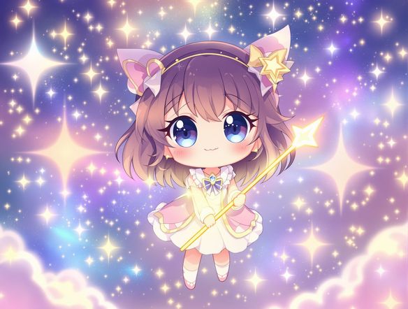 A cute chibi character with large, expressive eyes, holding a magical wand, surrounded by sparkling stars and pastel colors, in a whimsical anime art style.