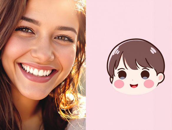 A split image: on the left, a realistic photo of a person smiling; on the right, the same person depicted as a cute, kawaii chibi character with oversized head and small body, retaining similar features and expression. Chibi art from photo concept.