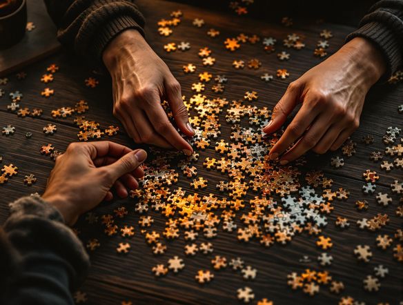 Overhead shot of hands assembling a jigsaw puzzle on a dark wooden table, pieces scattered around, warm lighting, intricate details.