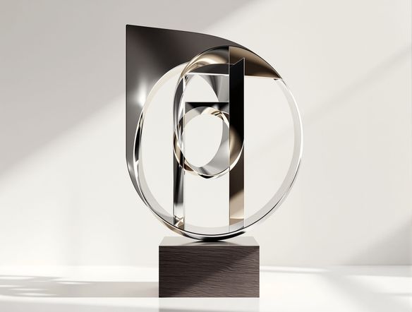 A minimalist abstract sculpture with clean lines and geometric shapes, placed on a simple wooden pedestal, bathed in soft, diffused light, representing functional art design.