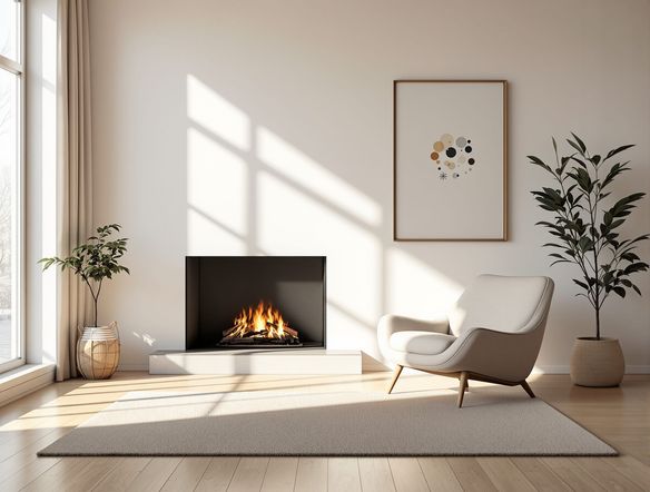 A minimalist living room interior with a fireplace, soft natural light, a cozy armchair, and a simple abstract artwork on the wall, embodying the Hygge aesthetic, Nordic style AI tool.