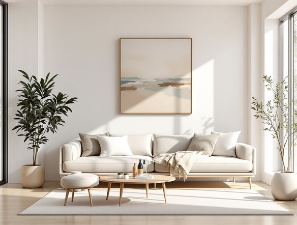 A minimalist living room in Scandinavian style, bathed in soft, natural light, featuring clean lines, natural wood accents, and a single abstract painting on the wall.