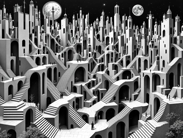 An intricate, Escher-style landscape featuring staircases that defy gravity and impossible architecture, rendered in a monochromatic palette with subtle surreal elements.