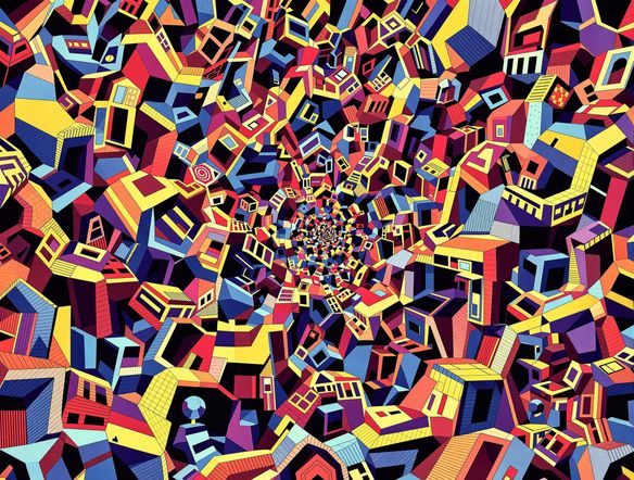 A surreal, repeating tessellation pattern of interlocking geometric shapes that defy gravity, creating a visual paradox. Escher-inspired, intricate, detailed, paradox art creator, vibrant colors.