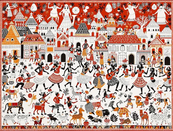 A vibrant, large-scale Warli folk painting depicting a village festival scene with dancing figures, musicians, and animals, rendered in the classic white on red ochre style, intricate geometric patterns, tribal motifs, celebration, joyful atmosphere.