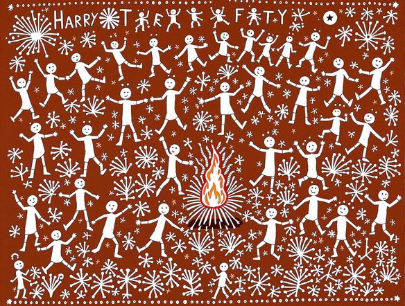 A vibrant Warli painting depicting a harvest festival, with stick figures dancing and celebrating around a central bonfire, rendered in the traditional white on earthy brown background.