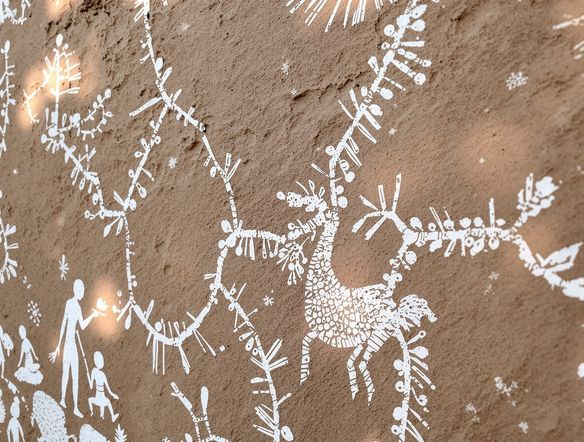 A detailed close-up of traditional Indian Warli art on a textured wall, featuring stylized human and animal figures connected by lines, forming a narrative of daily life and harvest, white pigment on a muted earthy background, simple yet profound, cultural storytelling.