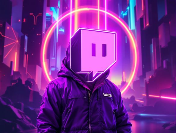 A futuristic, neon-glowing Twitch logo with abstract geometric shapes and vibrant color gradients.