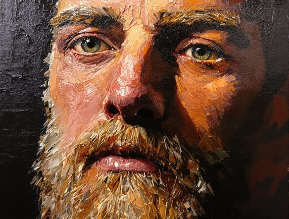 A close-up of a vibrant oil painting with visible brushstrokes and impasto texture, showcasing a realistic portrait with rich, deep colors. Classic art style.