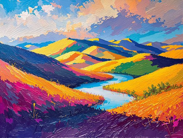 A vibrant AI oil painting of a serene landscape, showcasing the dramatic texture and rich colors characteristic of the oil painting effect.