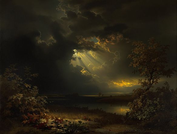 A serene landscape in the style of Dutch Masters, featuring dramatic chiaroscuro lighting and meticulous detail. A realistic painting from photo effect applied.