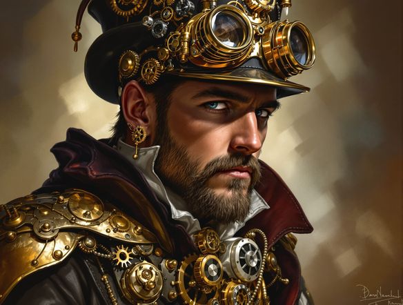 A detailed portrait of a steampunk adventurer, gears and goggles, wearing Victorian attire with futuristic enhancements. Intricate brass details, dramatic lighting, victorian futuristic art style.