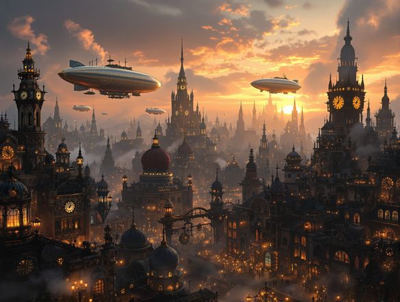 A sprawling steampunk city at dusk, airships floating above ornate Victorian architecture, clockwork towers, steam vents, and glowing gas lamps. A truly immersive steampunk city generator scene.