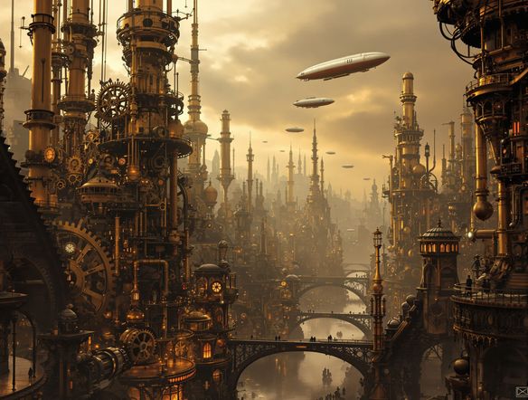 Intricate steampunk cityscape with towering brass gears, airships floating in a sepia-toned sky, Victorian architecture with glowing pipes, detailed and atmospheric.