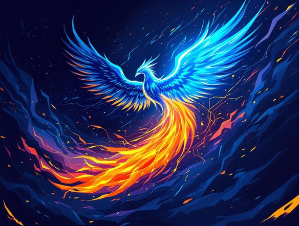 A vibrant, modern soccer crest featuring a stylized phoenix rising from flames, incorporating the team colors of electric blue and solar yellow. Bold lines and dynamic composition.