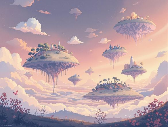 A surreal landscape with floating islands, each representing a different poetic form, bathed in the soft glow of a twilight sky. Ethereal and dreamlike, with a sense of endless possibility.