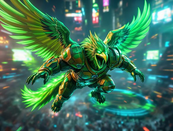 A dynamic fantasy football logo featuring a fierce griffin mascot, electric green and gold color scheme, soaring over a digital gridiron, hyperrealistic.