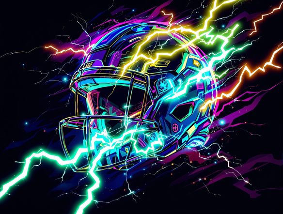 A dynamic logo featuring a stylized football helmet with lightning bolts, rendered in vibrant neon colors. Futuristic, bold, and energetic, perfect for a fantasy football team. High resolution.