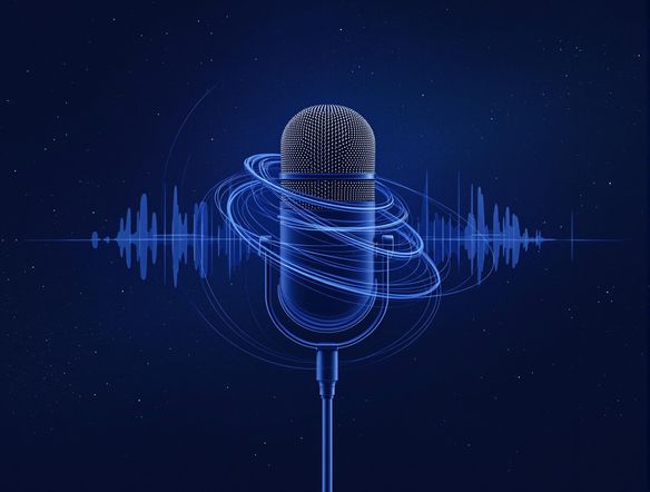 A minimalist podcast logo featuring a microphone intertwined with abstract sound waves, set against a deep space background. Mysterious, intriguing, and professional. High resolution, 4k.