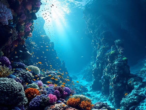 A vibrant coral reef teeming with colorful fish, transitioning into a mysterious deep-sea trench with bioluminescent creatures and strange rock formations. High detail, photorealistic, deep sea art maker.
