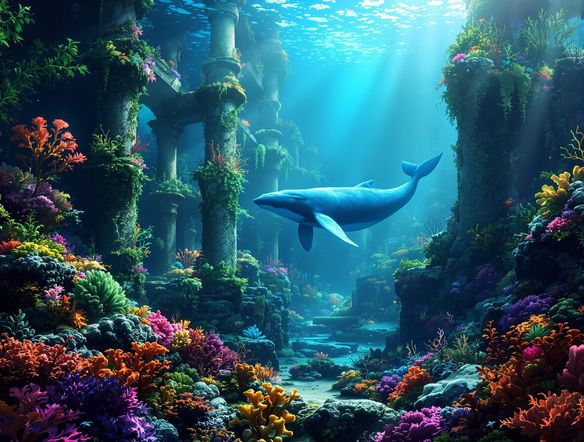 Sunken ancient city ruins overgrown with kelp and coral, with a majestic humpback whale swimming gracefully through the scene. Sunlight filtering from above. Underwater world builder, fantasy.