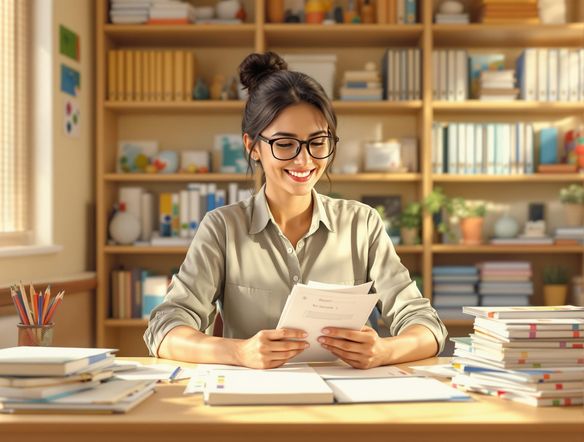 Generate an image of a teacher smiling while reviewing a stack of personalized report cards. The scene should convey efficiency, organization, and a focus on student success. Use warm, inviting colors and a well-lit classroom setting.