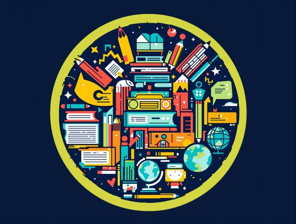 Design a vibrant circular logo for a modern elementary school. Include playful elements like books, pencils, and globes, with a focus on bright, cheerful colors. The logo should be suitable for use on report cards and school website.