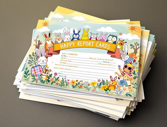 A stack of colorful report cards with a celebratory banner, each featuring a unique, cheerful animal mascot and positive feedback, under a bright, encouraging sky.