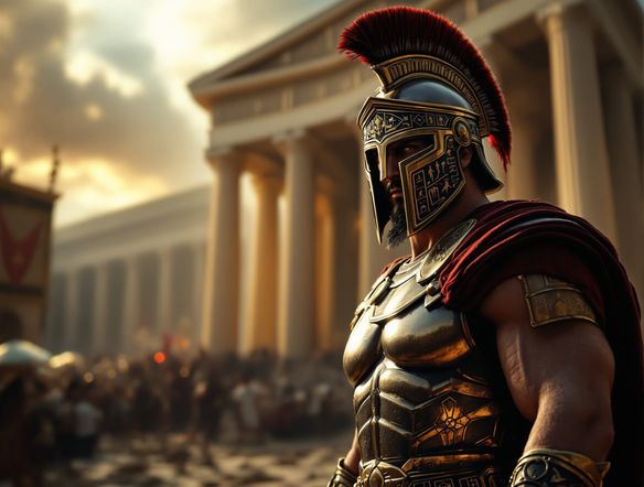 An ancient Spartan warrior in full armor, standing stoically before a grand temple entrance. Showcase detailed armor and a dramatic, atmospheric background with hints of daily life in the background. Photorealistic, dramatic lighting.