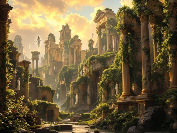 A majestic ancient city in ruins, overgrown with vines, bathed in golden sunlight, with floating ethereal figures reminiscent of historical art.