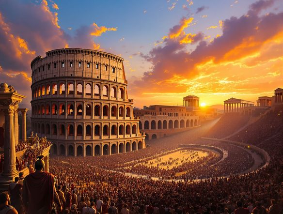 A vibrant scene depicting the Roman Colosseum at sunset, with bustling crowds and gladiators. Include elements of ancient Greek temples in the background. High detail, epic scale, historical accuracy.