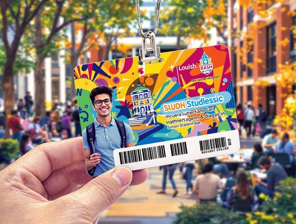 A vibrant, modern student ID card featuring a stylized school logo and a clear photograph, set against a backdrop of a bustling university campus with students studying.